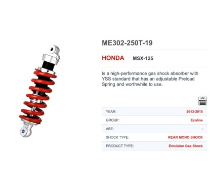Amortisseur Arrière YSS ME302 Honda MSX GROM 125